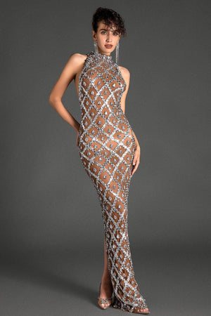 Vlasis Diamond Halter Neck Mermaid Dress In Brown Acmefun