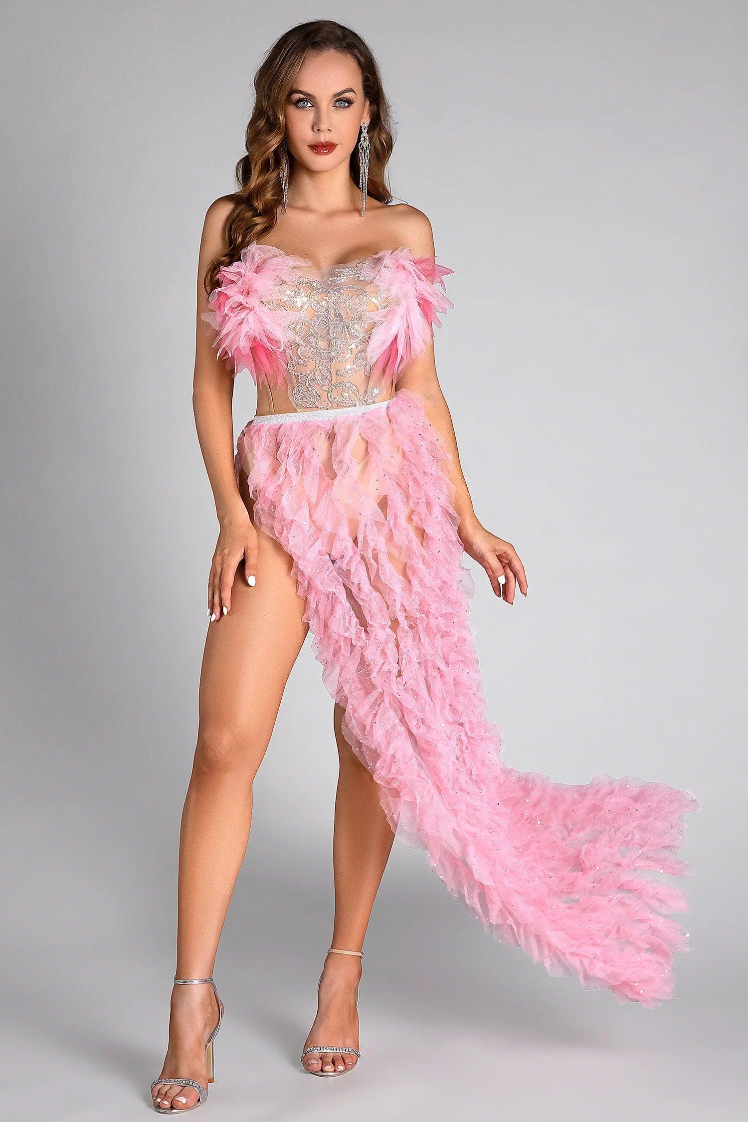 Eftychia Pink Feather High Slit Backless Dress Acmefun