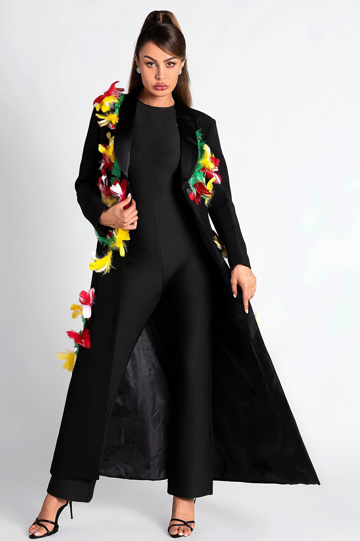 Ebonee Feather Embellished Long Coat