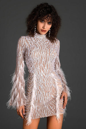 Rubab Long Sleeve Pearl Feather Mini Dress