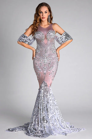 Ioulia Silver Sequined Mermaid Evening Dress Acmefun