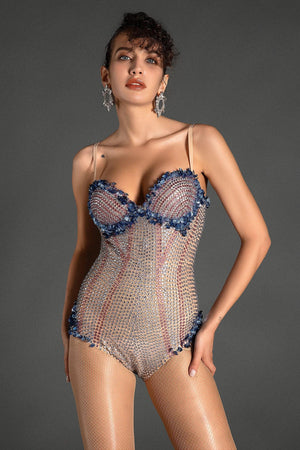 Pre-Sale Glaratos Strap Sequin Rhinestone Bodysuit In Blue