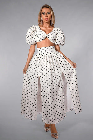 Olinda Polka Dot Mini Top with High Slit Skirt Set