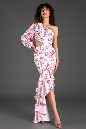 Aniketos Floral Print High Slit Ruffle Dress