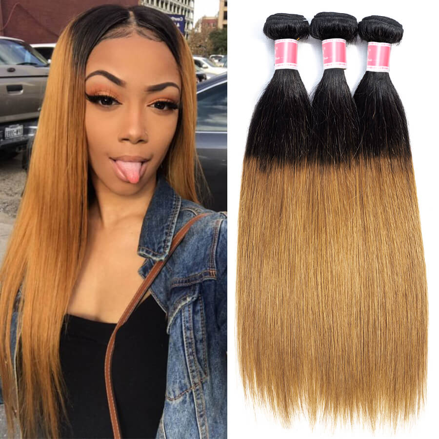 Ombre T1b/27 Brazilian Remy Straight Hair 3 Bundles Unprocessed 100% Human Hair Weave hermosahair