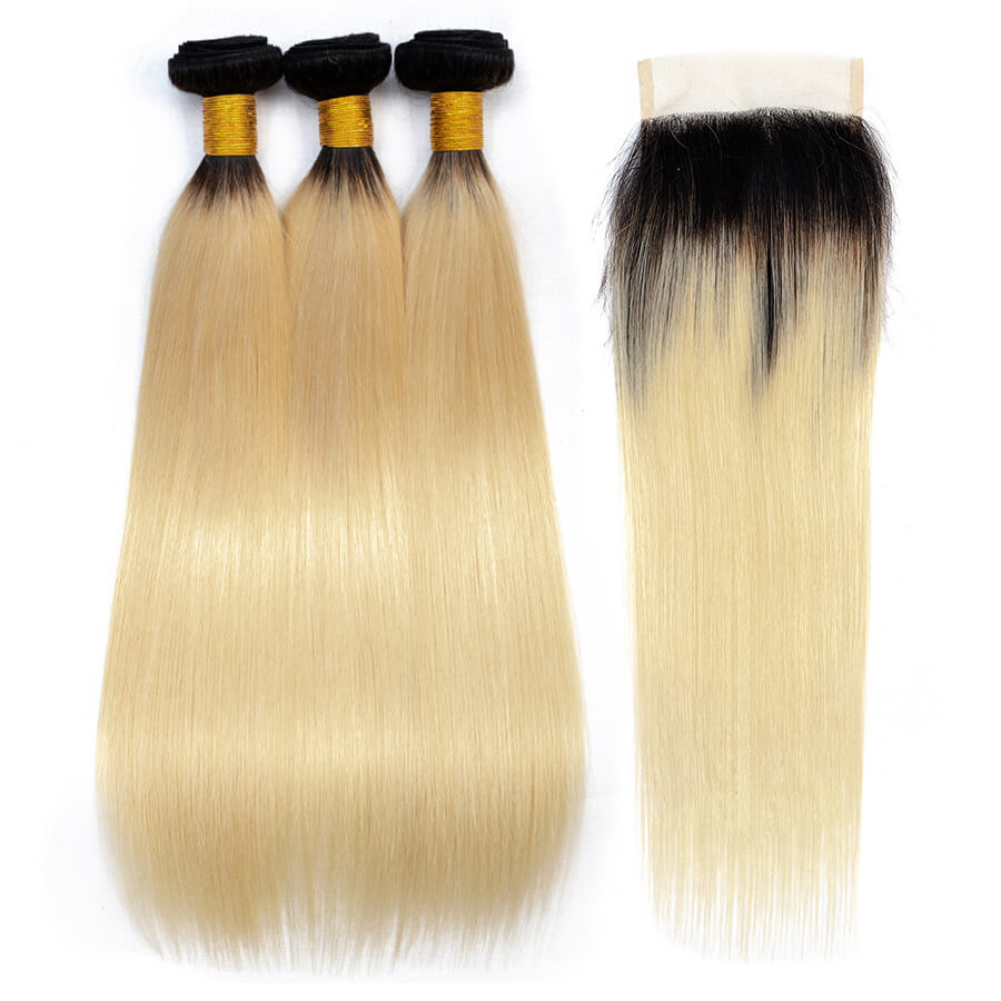 Ombre T1B/613 Blonde Brazilian Straight Hair 3 Bundles With 4*4 Closure Virgin Human Hair Hermosa Hair