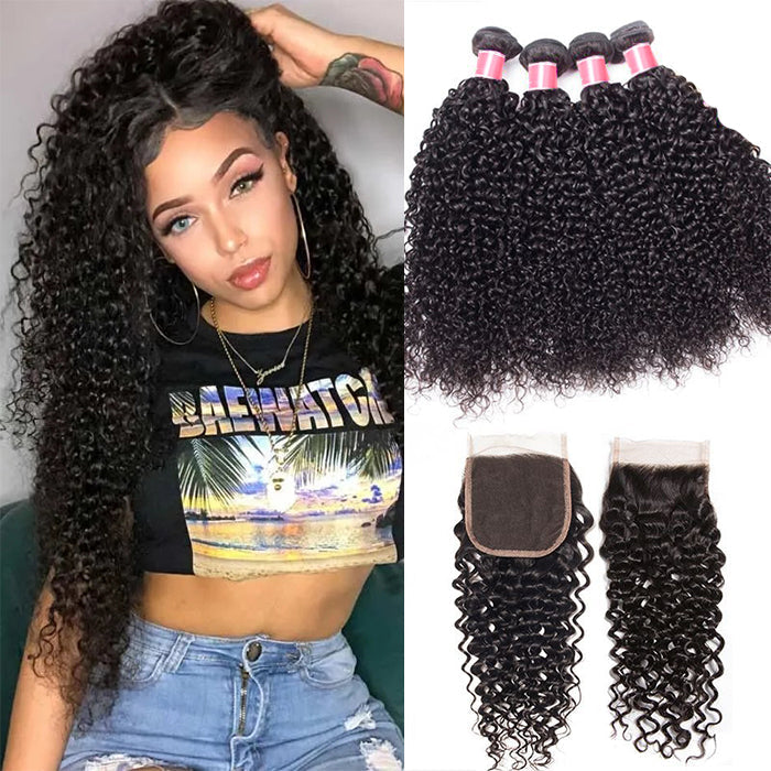 Peruvian Curly Hair 4 Bundles with 4*4 Closure Soft Unprocessed Virgin Human Hair hermosahair