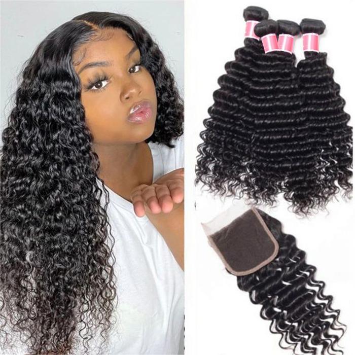 Peruvian Deep Wave 4 Bundles with 4*4 Closure Soft Unprocessed Virgin Human Hair hermosahair