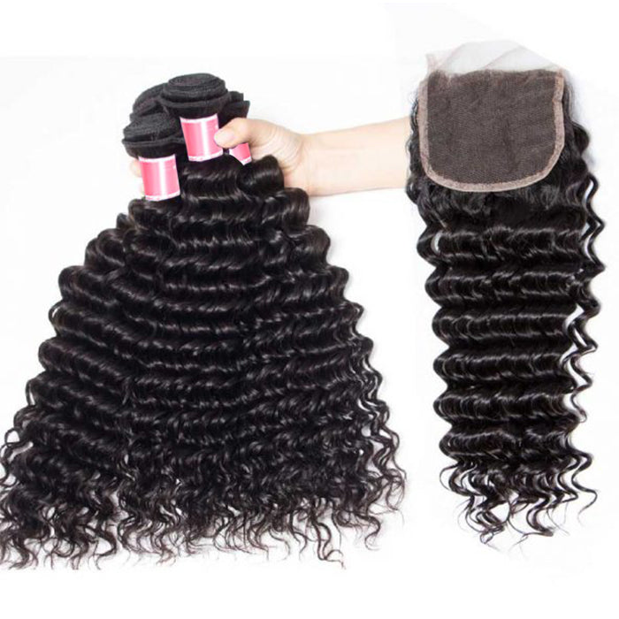 Peruvian Deep Wave 4 Bundles with 4*4 Closure Soft Unprocessed Virgin Human Hair hermosahair