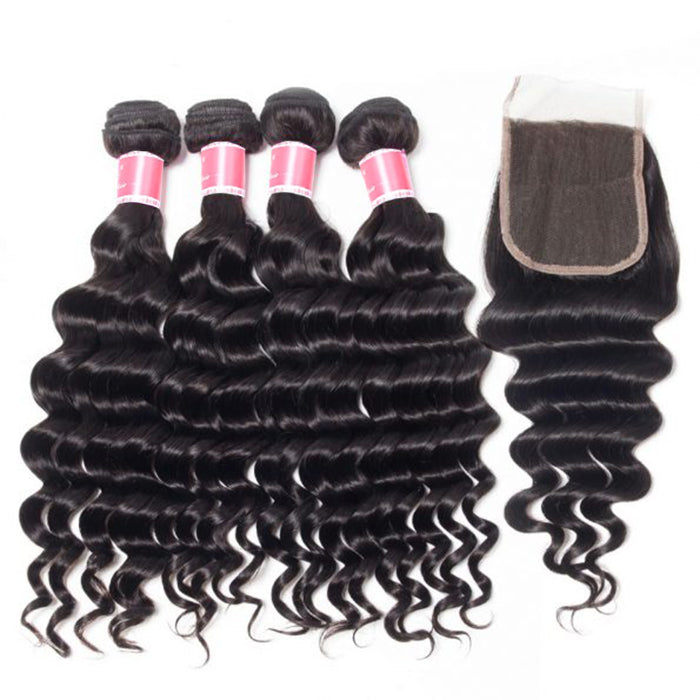 Malaysian Loose Deep Wave 4 Bundles With 4x4 Lace Closure Human Hair Closure With Bundle Deals hermosahair