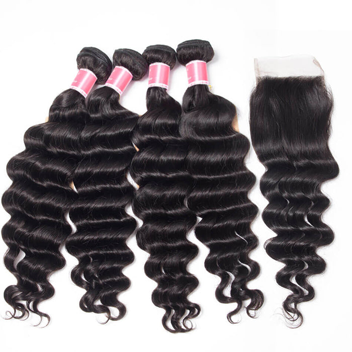 Malaysian Loose Deep Wave 4 Bundles With 4x4 Lace Closure Human Hair Closure With Bundle Deals hermosahair