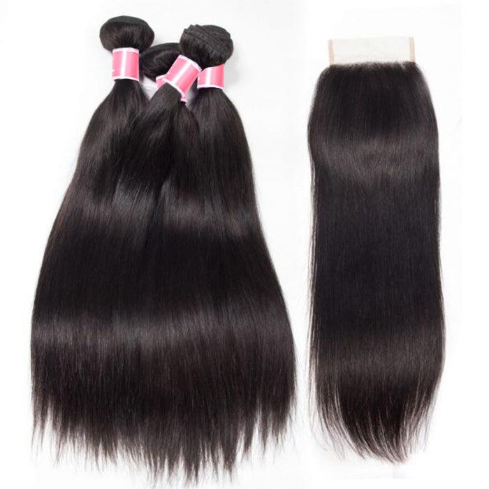 Peruvian Straight Hair 4 Bundles with 4*4 Closure Soft Unprocessed Virgin Human Hair hermosahair