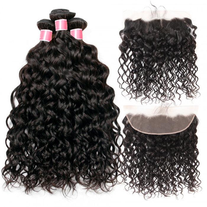 Peruvian Water Wave Virgin Hair Weave 3 Bundles With 13*4 Lace Frontal Hermosa Hair