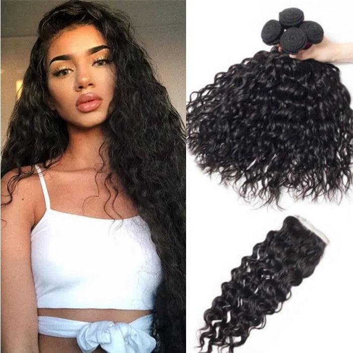 Peruvian Water Wave 4 Bundles with 4*4 Closure Soft Unprocessed Virgin Human Hair hermosahair