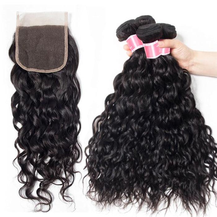 Peruvian Water Wave 4 Bundles with 4*4 Closure Soft Unprocessed Virgin Human Hair hermosahair