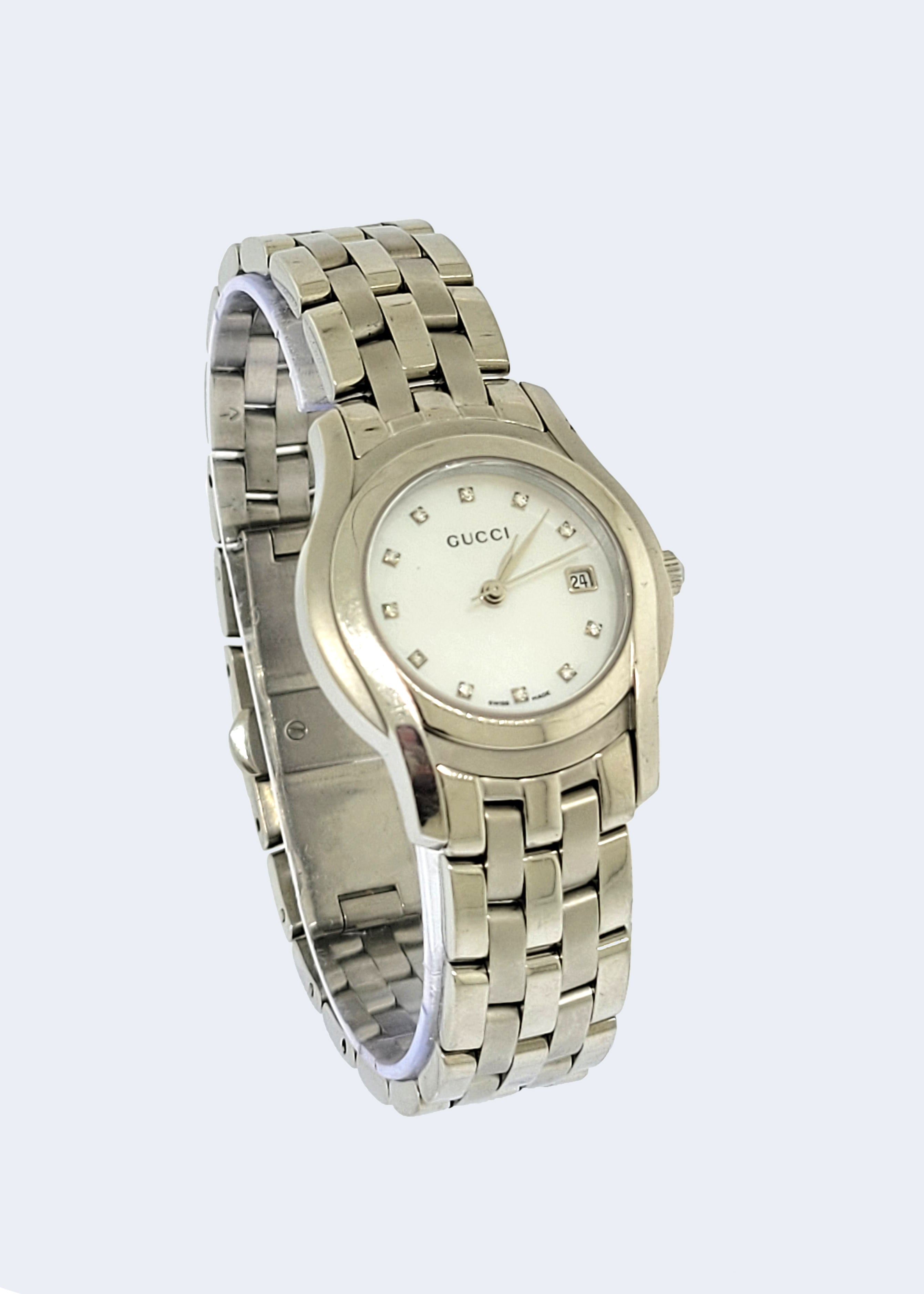 S/S Ladies GG watch with M.O.P and Diamond Dial Reeby Bags