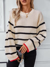 Striped Round Neck Dropped Shoulder Sweater Trendsi