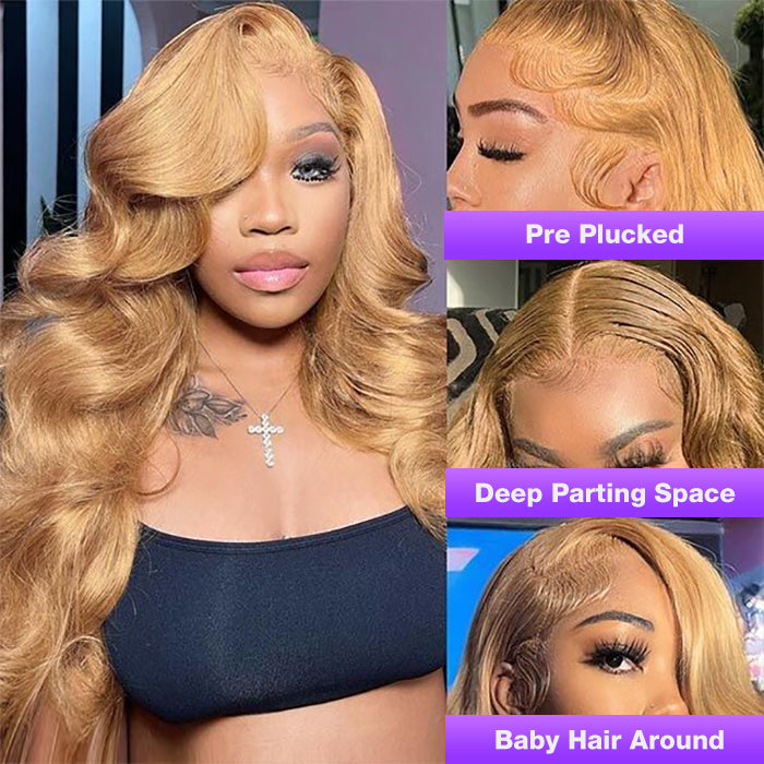 Honey Blonde 13x4 HD Transparent Lace Front Wig #27 Colored Human Hair Frontal Wig Hermosa Hair