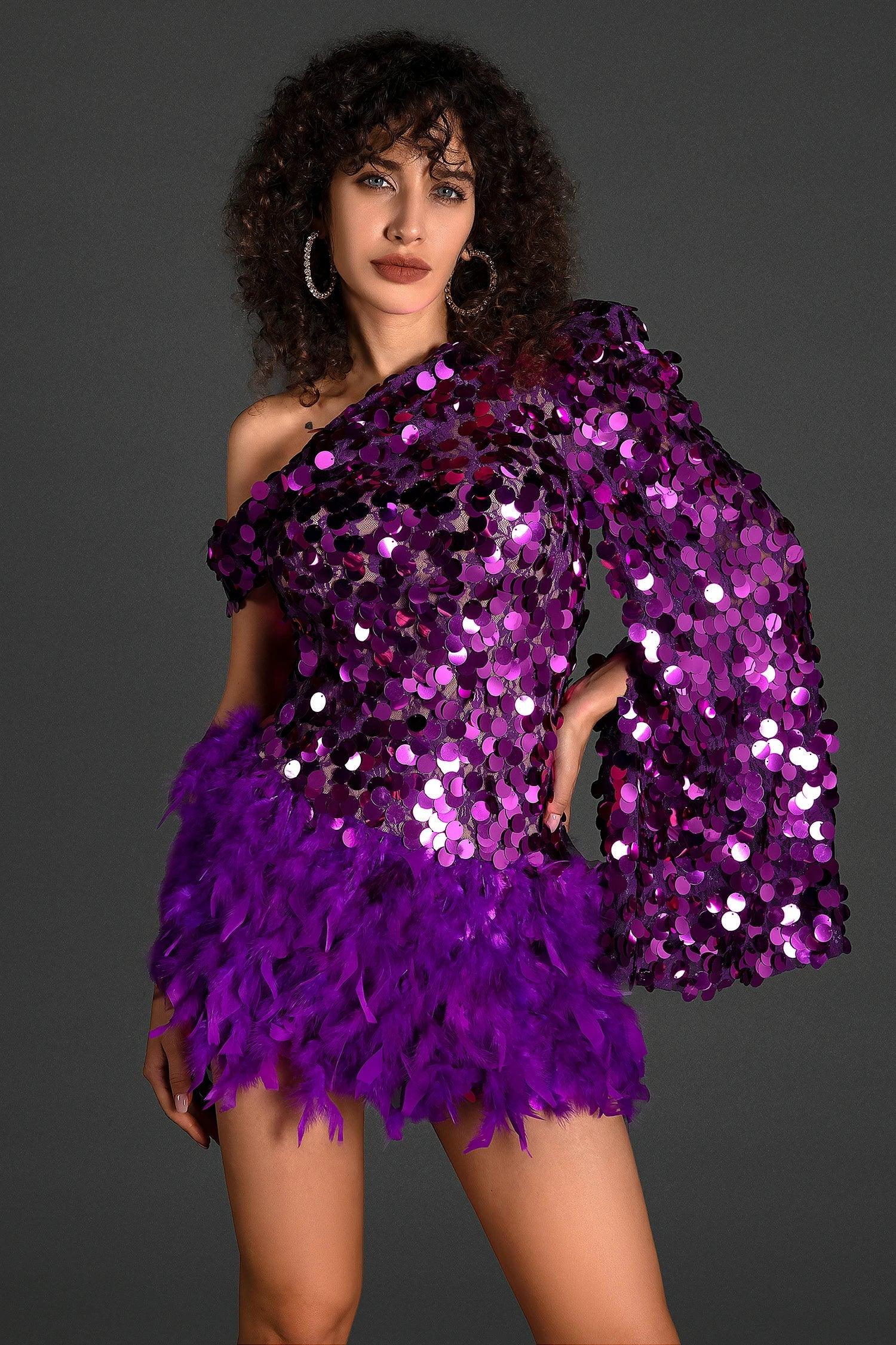 Mulelis Sequin Feather Mini Dress