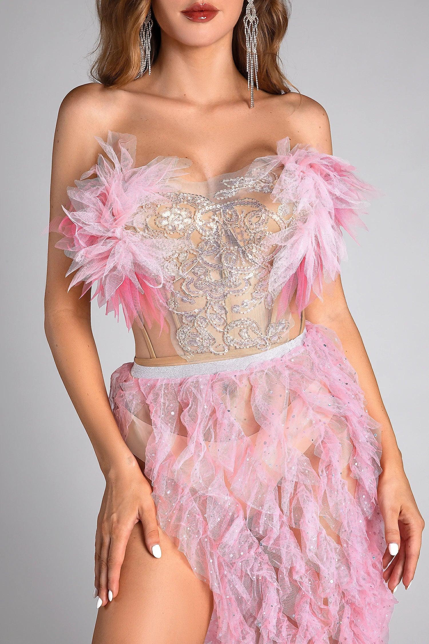 Eftychia Pink Feather High Slit Backless Dress Acmefun