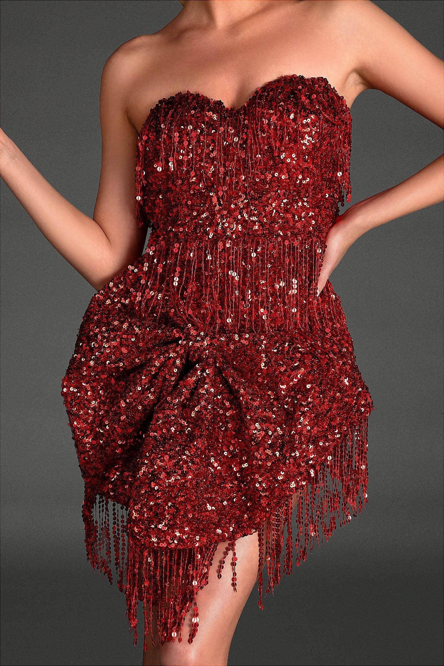 Kimon Bow Embellished Fringe Sequin Dress