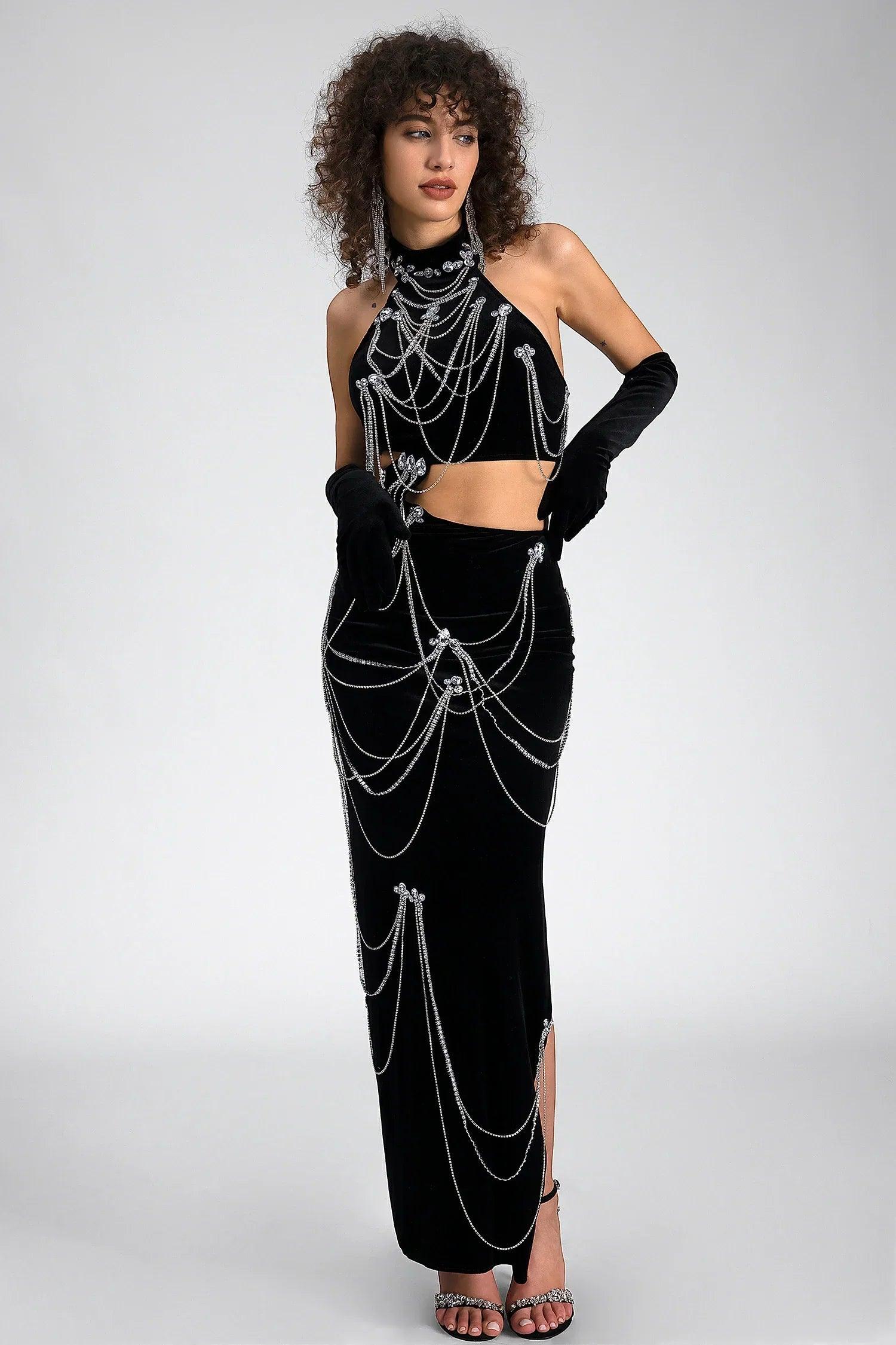 Pre-Sale Valerina Halter Velvet Chain Dress With Gloves