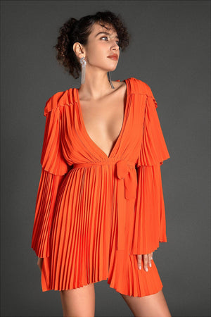 Sappho V-Neck Bell Sleeve Pleated Dress