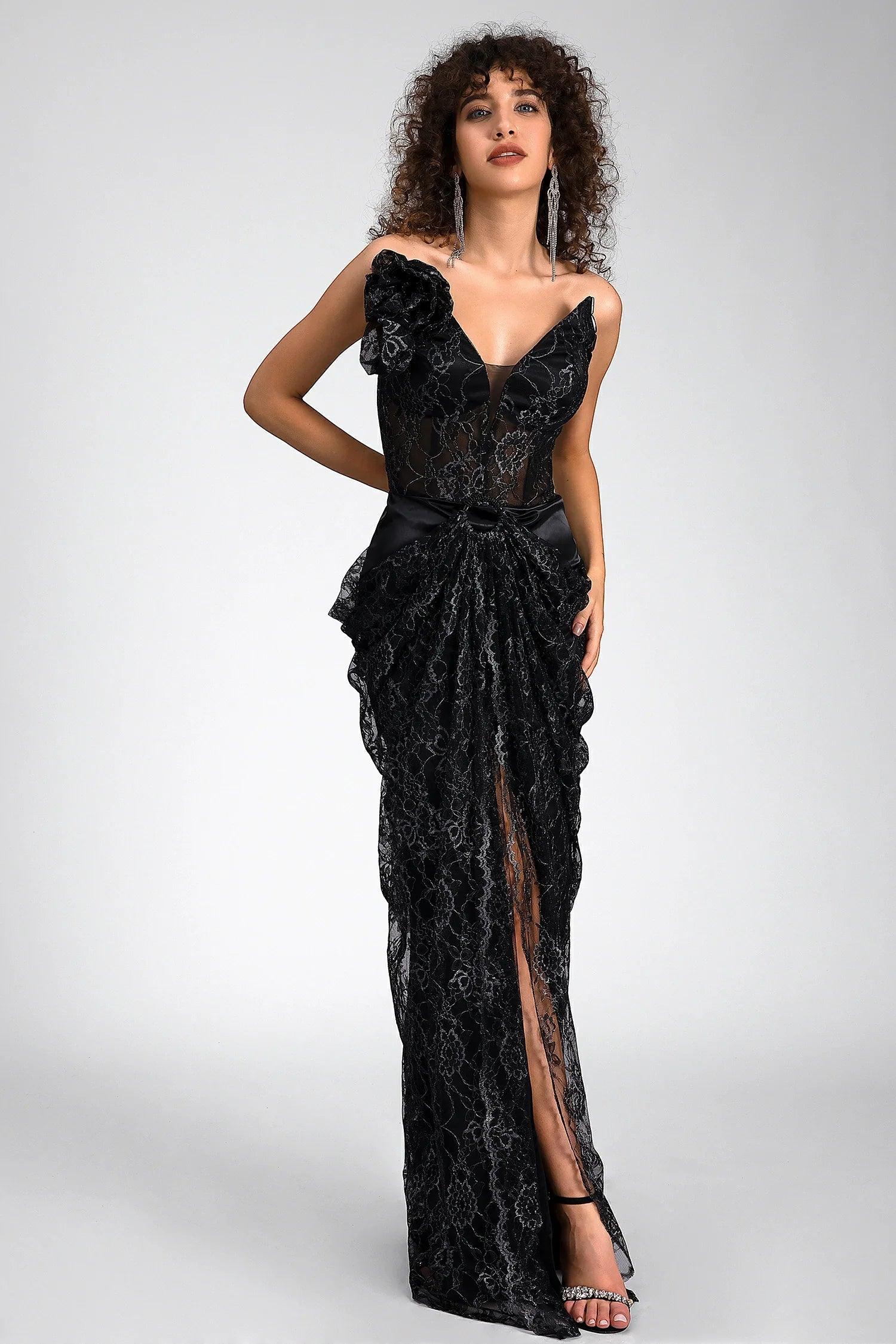 Fotini Strapless High Slit Lace Dress