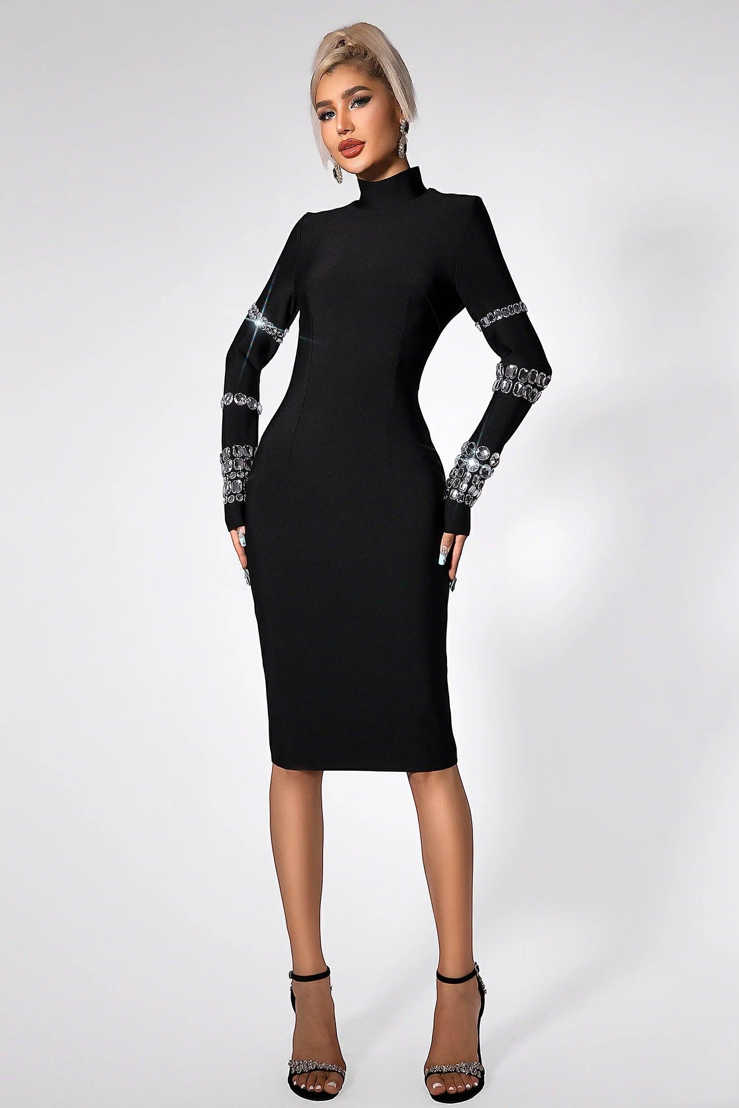 Caierra Rhinestone Long Sleeve Midi Dress