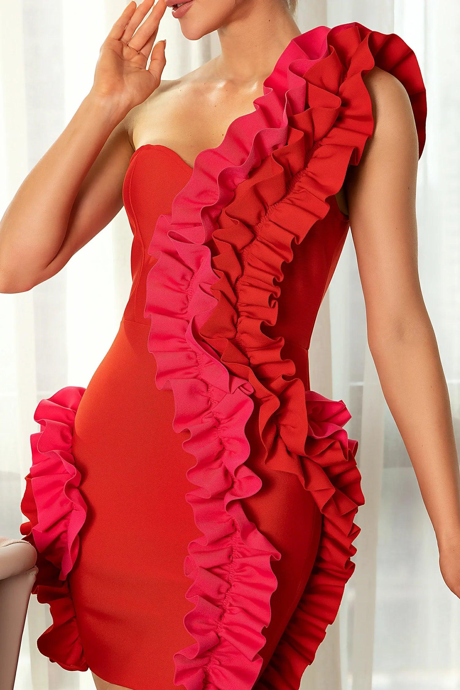 Banidi Red One-Shoulder 3D Pleated Dress Acmefun