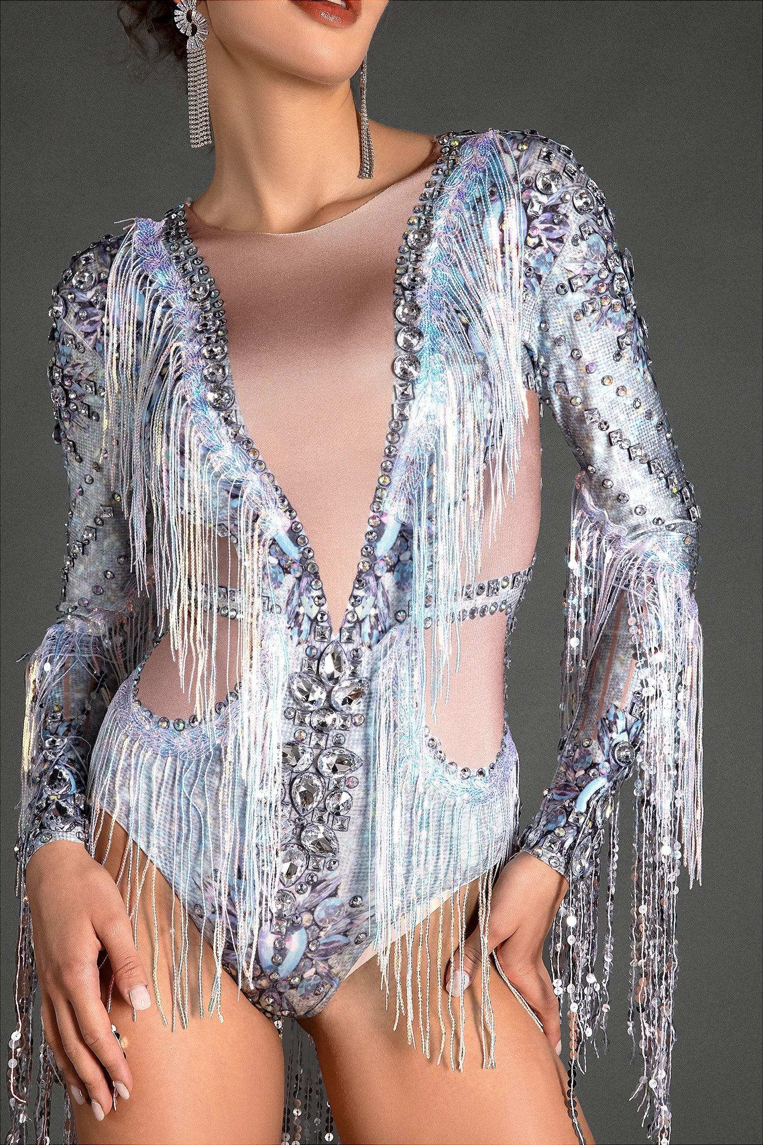 Savvas Crystal Sequin Fringe Bodysuit Acmefun