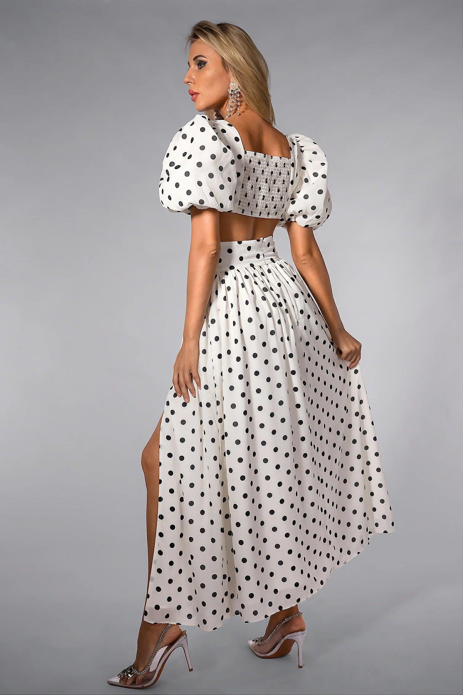 Olinda Polka Dot Mini Top with High Slit Skirt Set