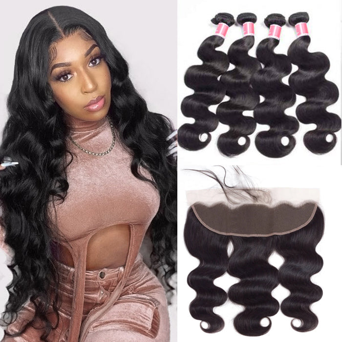 Peruvian Body Wave 4 Bundles With 13x4 Lace Frontal 10A Virgin Human Hair Bundles With Frontal Deal hermosahair