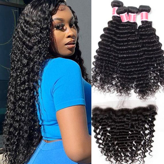 Peruvian Deep Wave 4 Bundles With 13x4 Lace Frontal 10A Virgin Human Hair Bundles With Frontal Deal hermosahair