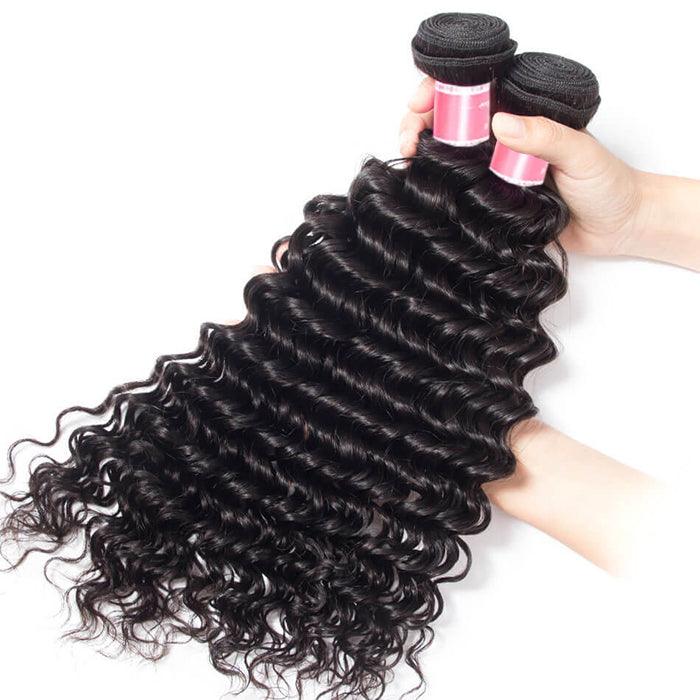 Malaysian Deep Wave 4 Bundles With 13X4 Ear To Ear Lace Frontal Natural Color hermosahair