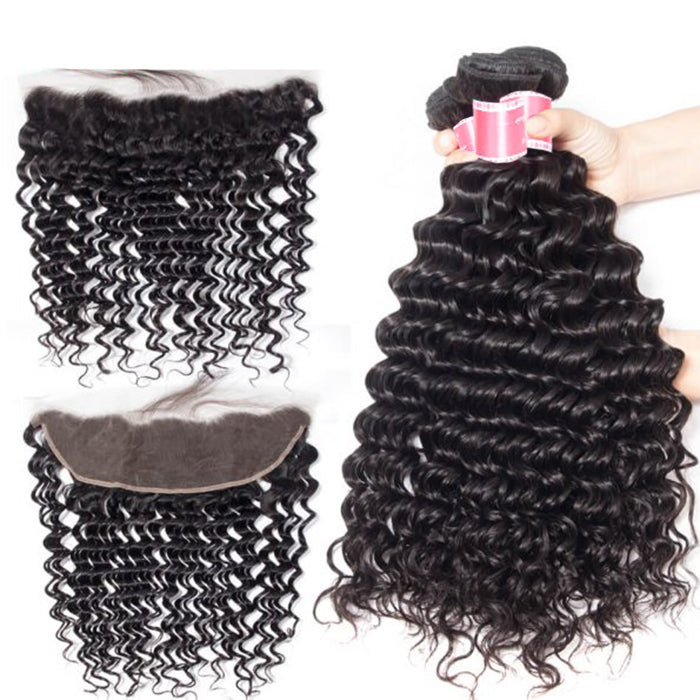 Peruvian Deep Wave 4 Bundles With 13x4 Lace Frontal 10A Virgin Human Hair Bundles With Frontal Deal hermosahair