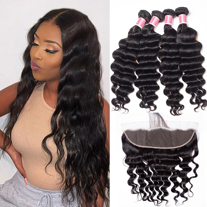 Peruvian Loose Deep Wave 4 Bundles With 13x4 Lace Frontal 10A Virgin Human Hair Bundles With Frontal Deal hermosahair