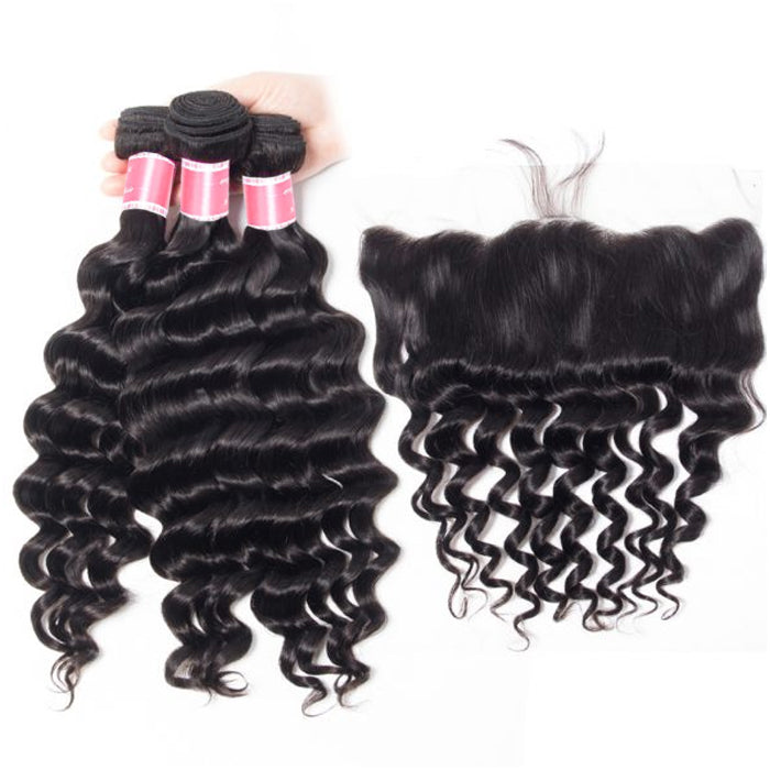 Peruvian Loose Deep Wave 4 Bundles With 13x4 Lace Frontal 10A Virgin Human Hair Bundles With Frontal Deal hermosahair