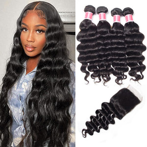 Malaysian Loose Deep Wave 4 Bundles With 4x4 Lace Closure Human Hair Closure With Bundle Deals hermosahair