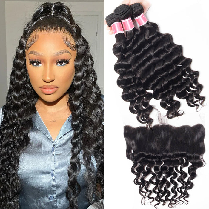 Malaysian Loose Deep Wave 4 Bundles With 13X4 Ear To Ear Lace Frontal Natural Color hermosahair