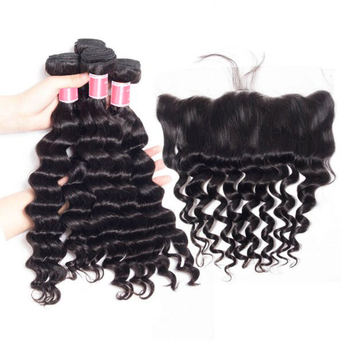 Malaysian Loose Deep Wave 4 Bundles With 13X4 Ear To Ear Lace Frontal Natural Color hermosahair