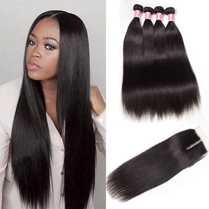 Malaysian Straight Hair 4 Bundles With 4x4 Lace Closure Human Hair Closure With Bundle Deals hermosahair