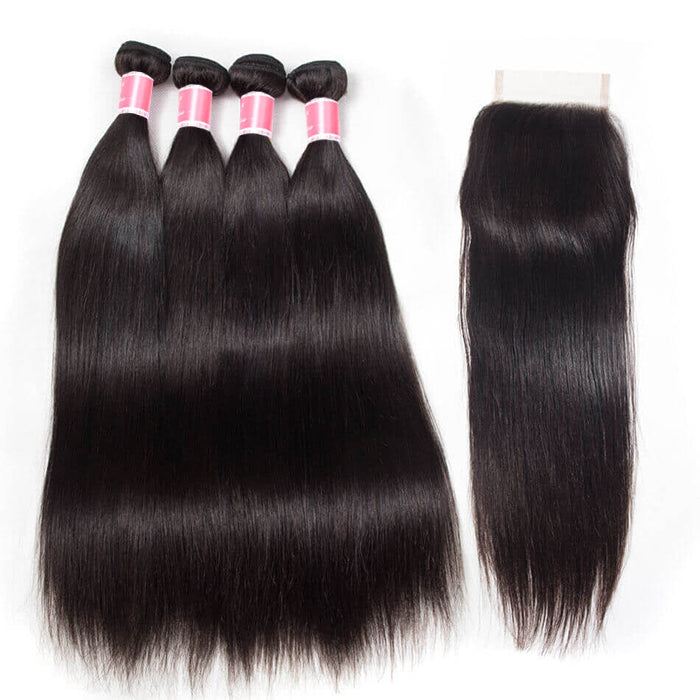 Malaysian Straight Hair 4 Bundles With 4x4 Lace Closure Human Hair Closure With Bundle Deals hermosahair