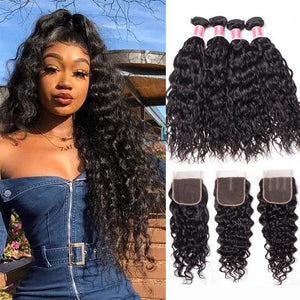 Malaysian Water Wave 4 Bundles With 4x4 Lace Closure Human Hair Closure With Bundle Deals hermosahair