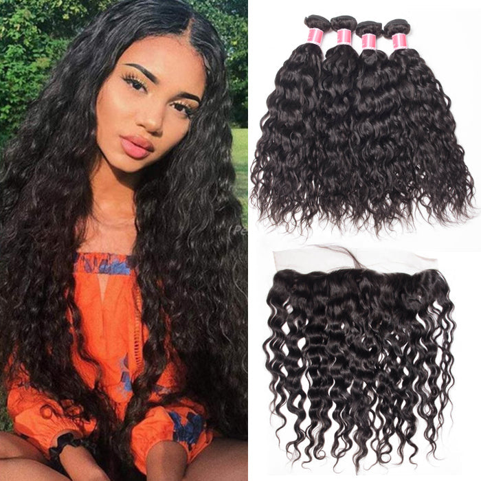 Malaysian Water Wave 4 Bundles With 13X4 Ear To Ear Lace Frontal Natural Color hermosahair