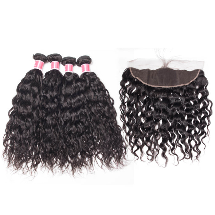 Malaysian Water Wave 4 Bundles With 13X4 Ear To Ear Lace Frontal Natural Color hermosahair