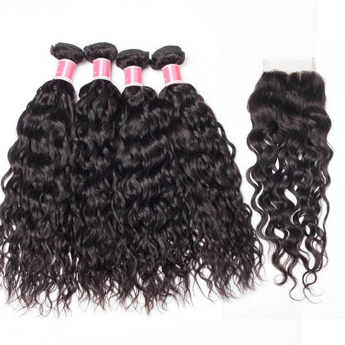 Malaysian Water Wave 4 Bundles With 4x4 Lace Closure Human Hair Closure With Bundle Deals hermosahair