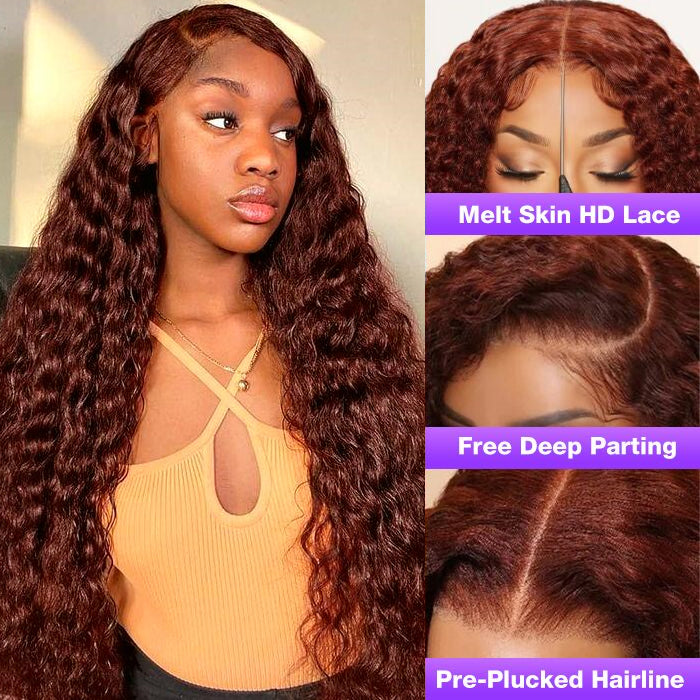 #33 Reddish Brown Color Water Wave 13x4 13x6 HD Lace Front Wigs Human Hair Pre Plucked - 1984brand