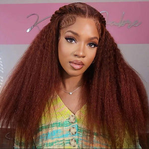 Red Brown Auburn Colored Kinky Straight HD Transparent Lace Frontal Wigs - 1984brand