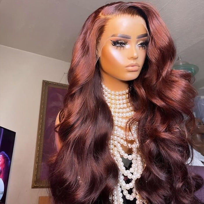 Reddish Brown Human Hair Body Wave Wigs 13X4 HD Lace Front Wigs Pre-Plucked Hairline Hermosa Hair